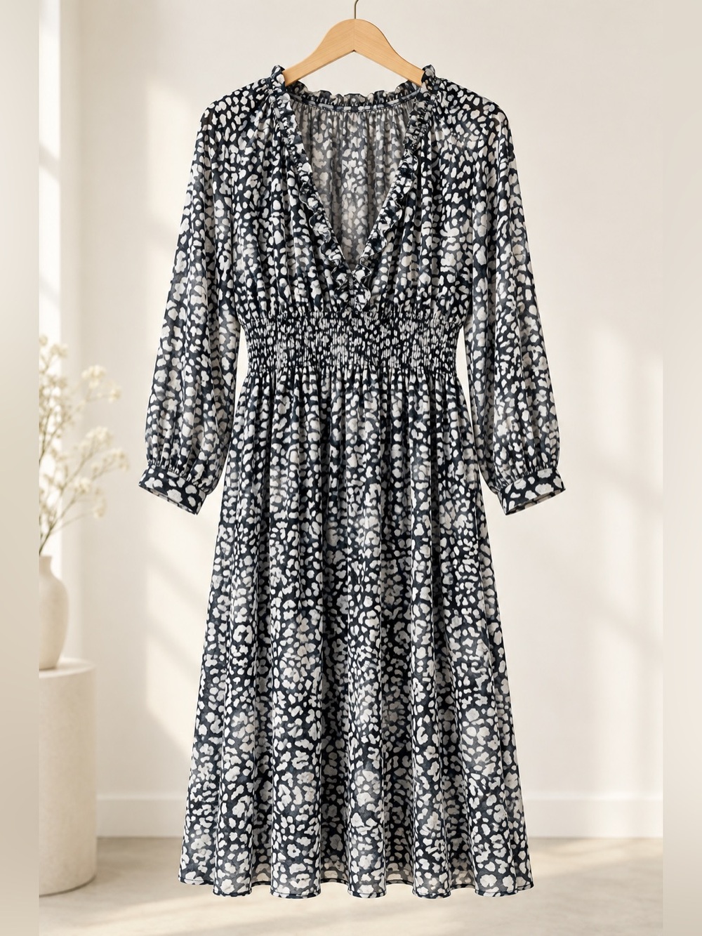 Hudson Gray Abstract Animal Print Smocked Midi Dress 100% Rayon